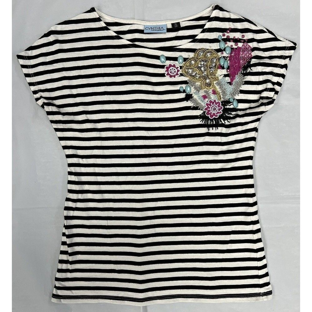Cynthia Rowley T-Shirt Cap Sleeve Beaded  Embellishment Black & White Top Size S